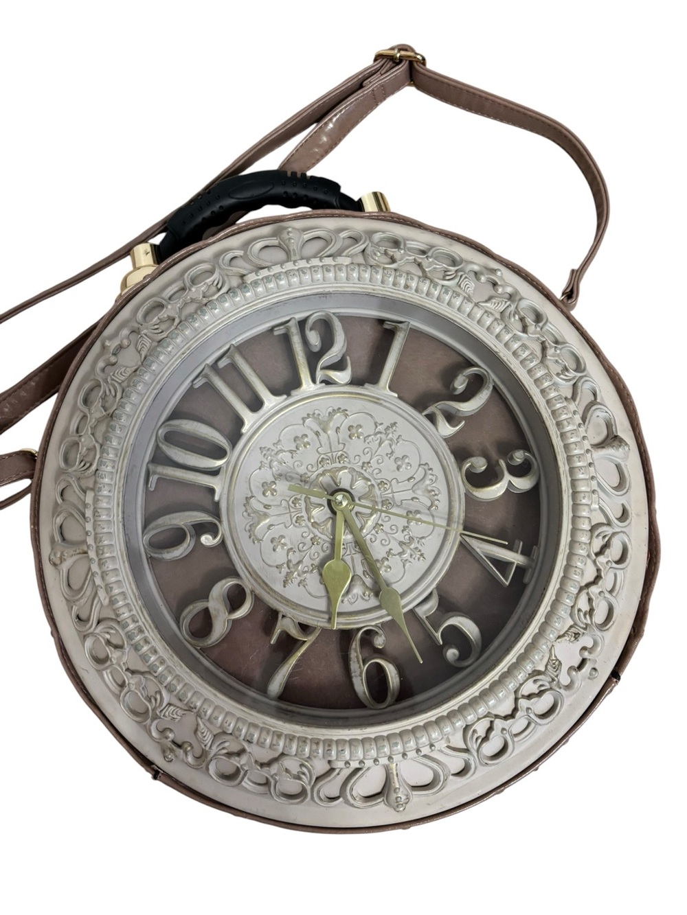 Source Unknown Taupe Round Clock-Face Crossbody Bag with Silver Accents